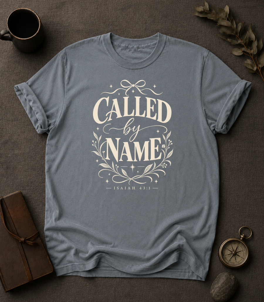 granite Comfort Colors t-shirt with vintage typography design, Isaiah 43:1 — 'Called by Name'