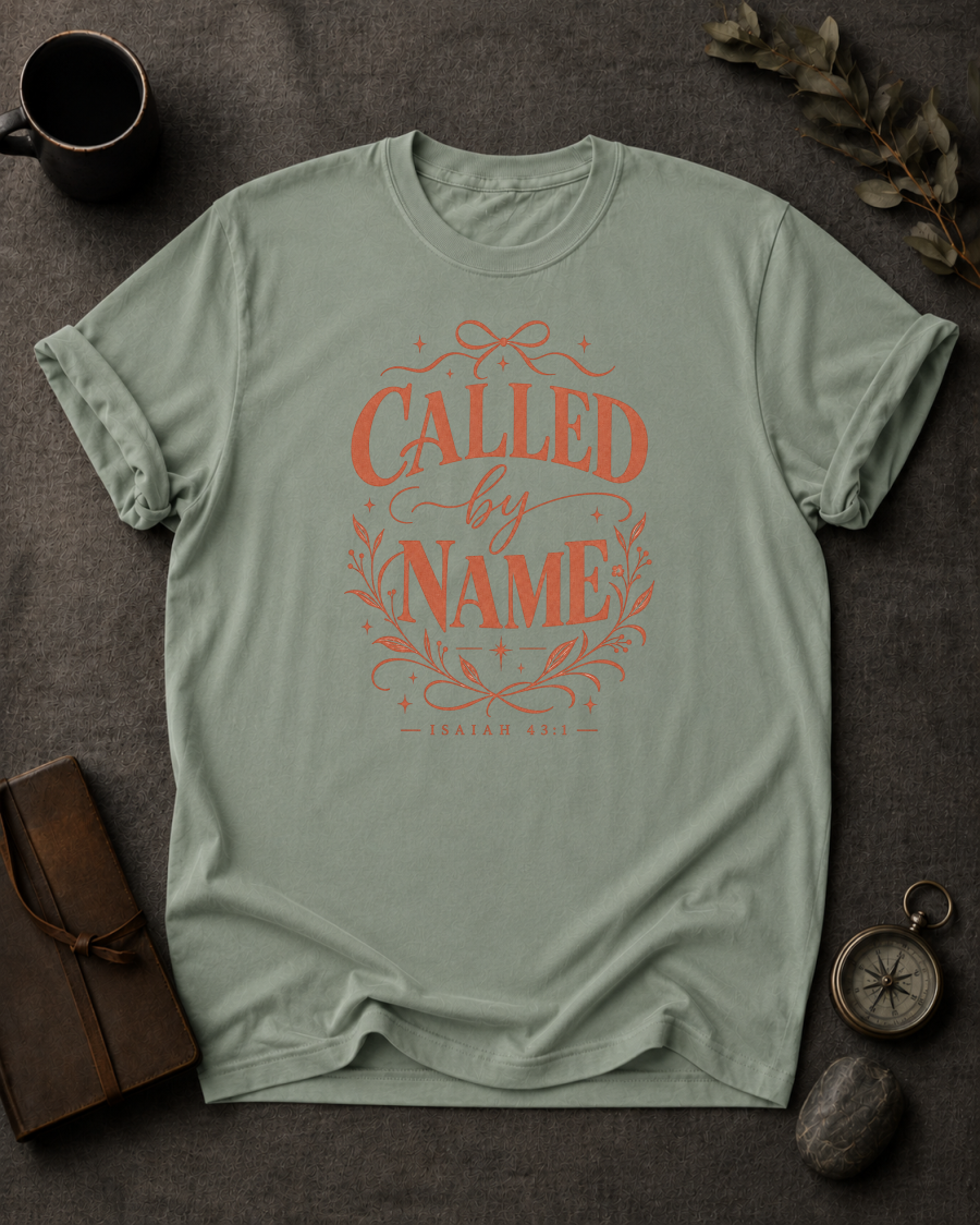 bay Comfort Colors t-shirt with vintage typography design, Isaiah 43:1 — 'Called by Name'