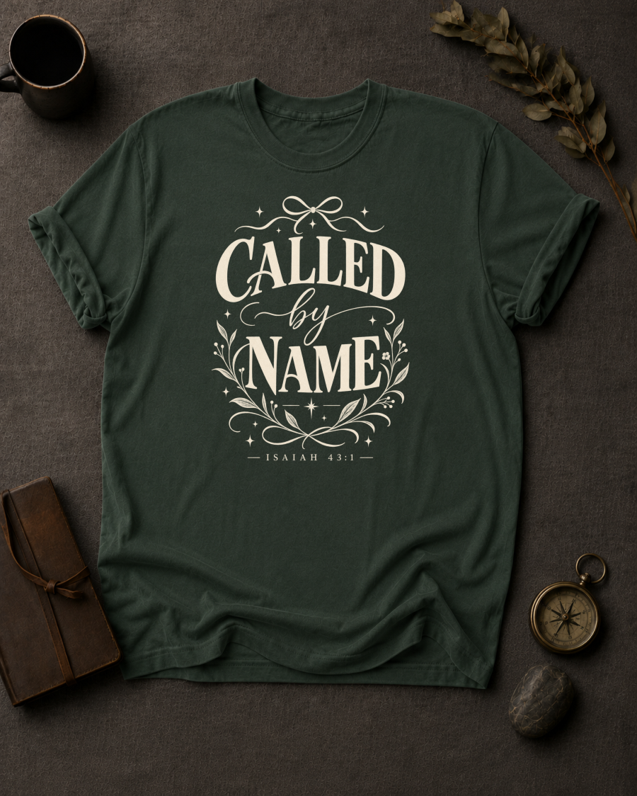 moss Comfort Colors t-shirt with vintage typography design, Isaiah 43:1 — 'Called by Name'