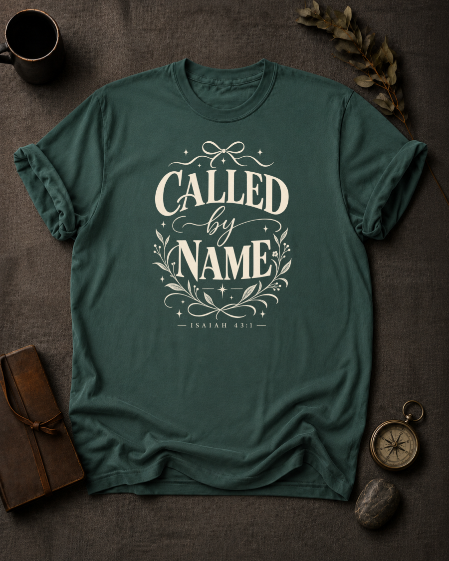 blue spruce Comfort Colors t-shirt with vintage typography design, Isaiah 43:1 — 'Called by Name'