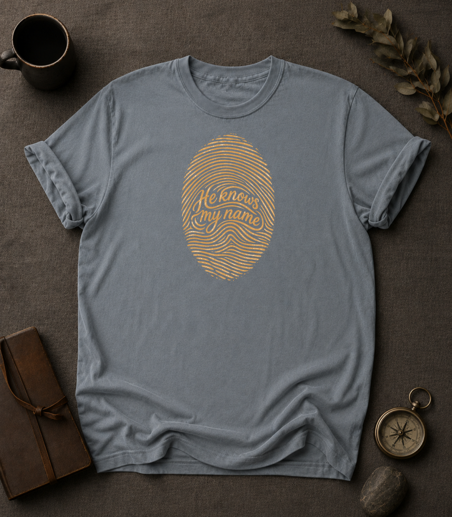 granite Comfort Colors t-shirt with fingerprint design — 'He Knows My Name'