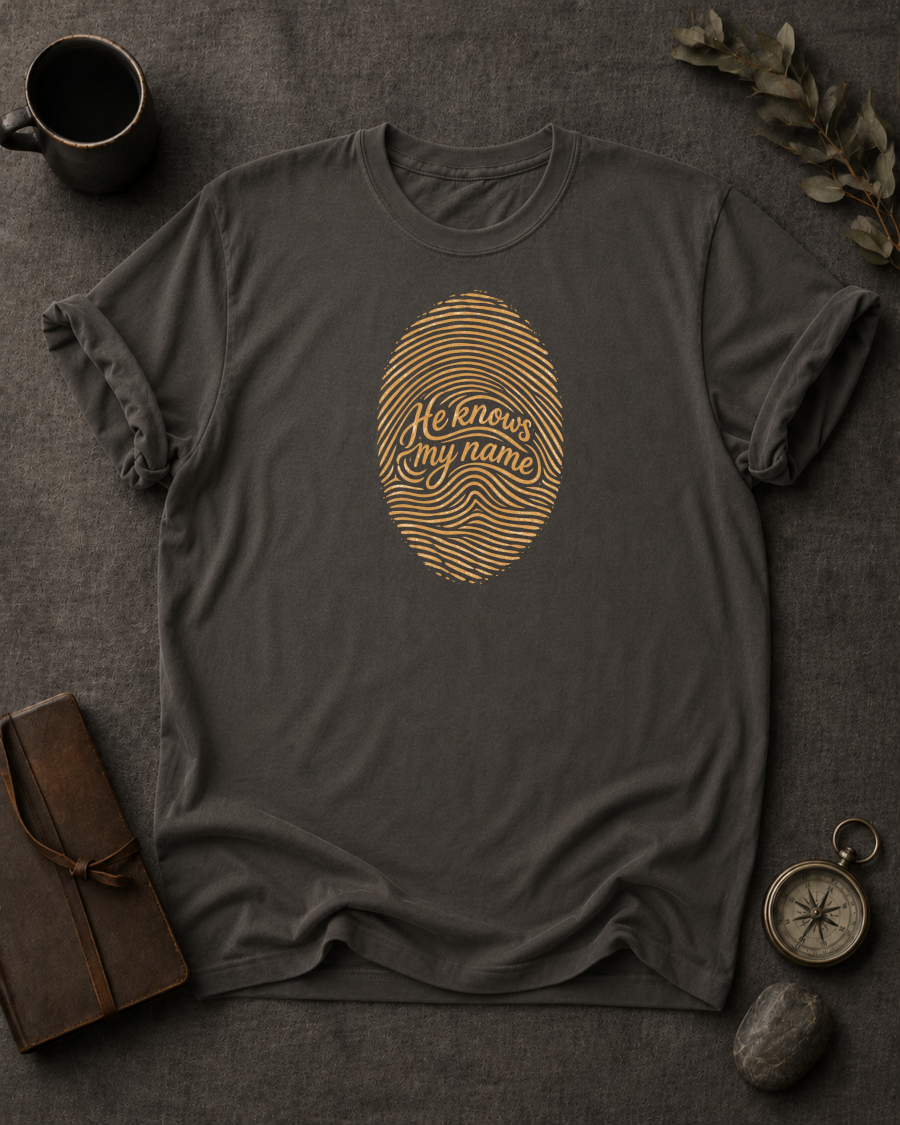 pepper Comfort Colors t-shirt with fingerprint design — 'He Knows My Name'