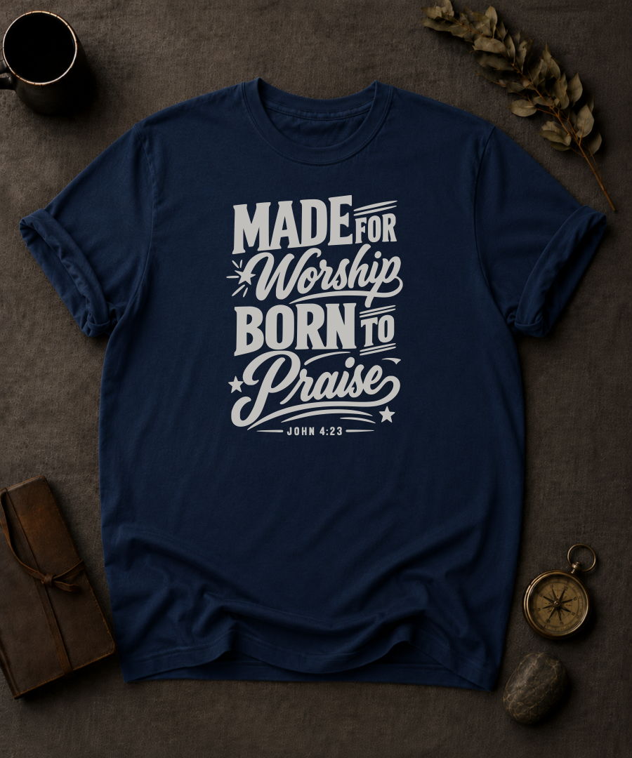 navy Comfort Colors t-shirt with vintage typography design, John 4:23 — 'Made for Worship'