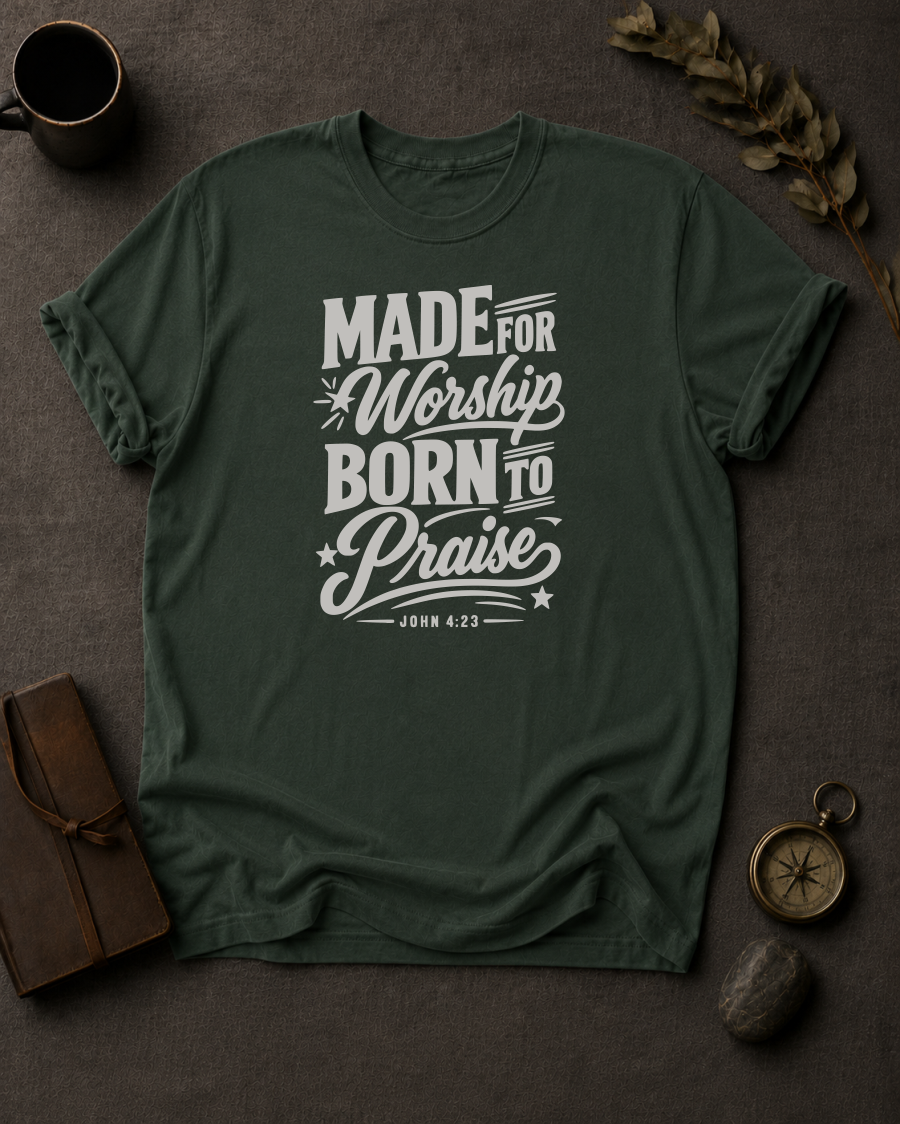 moss Comfort Colors t-shirt with vintage typography design, John 4:23 — 'Made for Worship'
