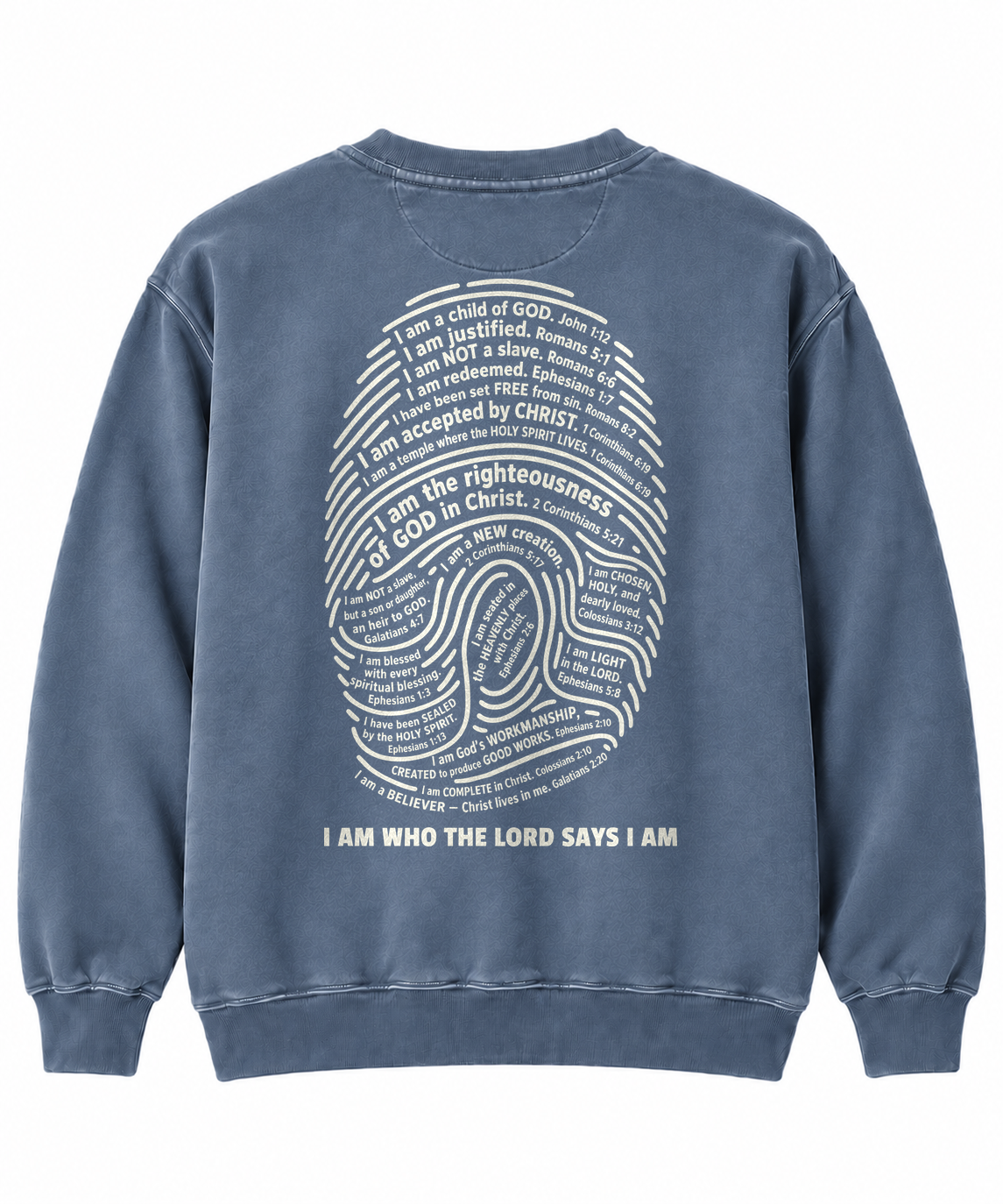 Faith-based garment-dyed crewneck sweatshirt with Bible verse fingerprint art - To His Glory Club