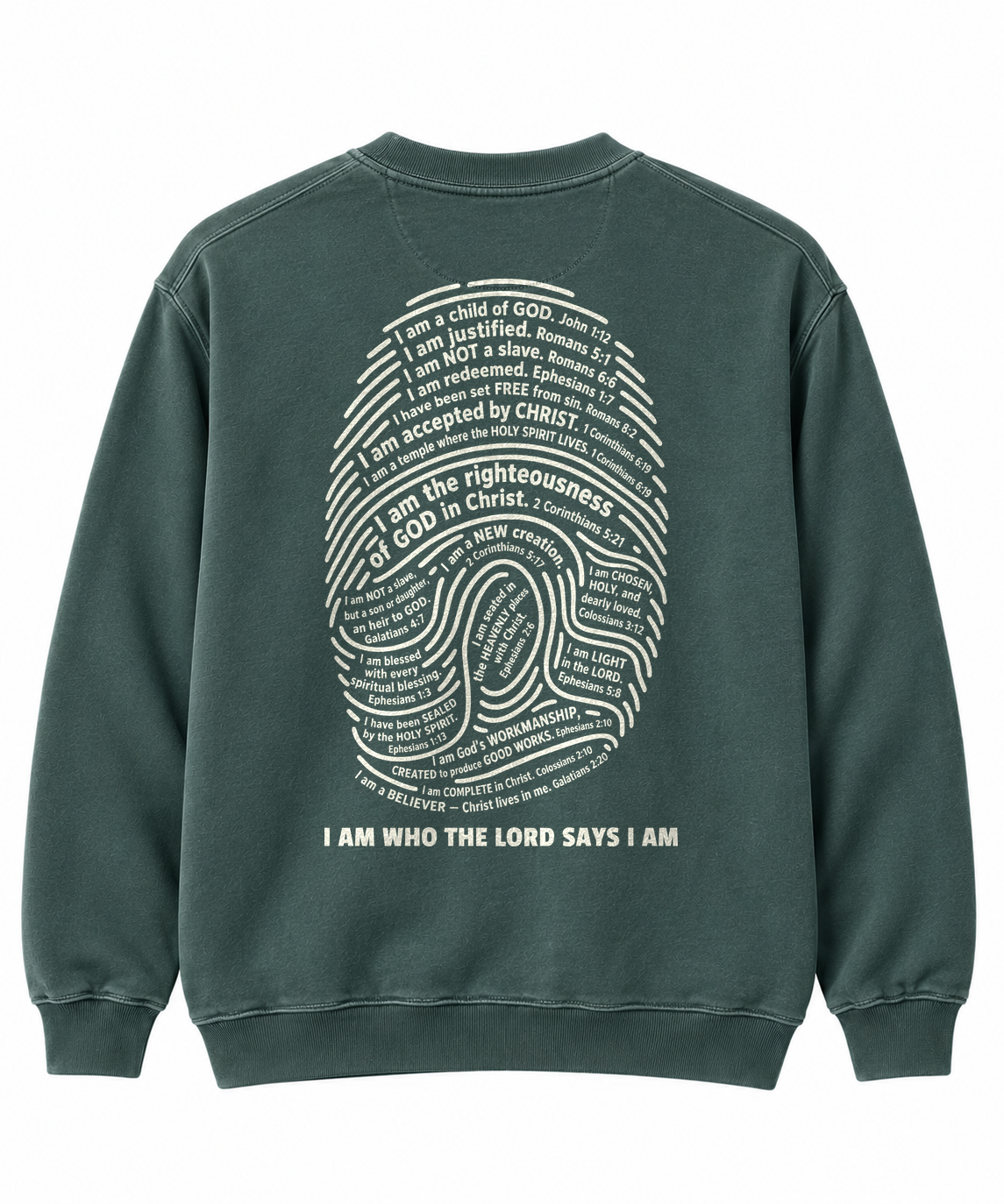 I Am Who the Lord Says I Am Christian sweatshirt with Scripture fingerprint back print - To His Glory Club