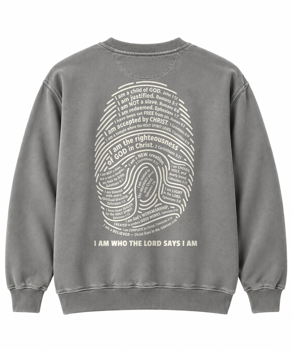Scripture fingerprint design Christian sweatshirt, I Am Who the Lord Says I Am - To His Glory Club