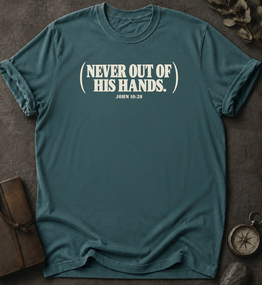 Never Out of His Hands Christian T-Shirt in Blue Spruce - Comfort Colors 1717 | To His Glory Club