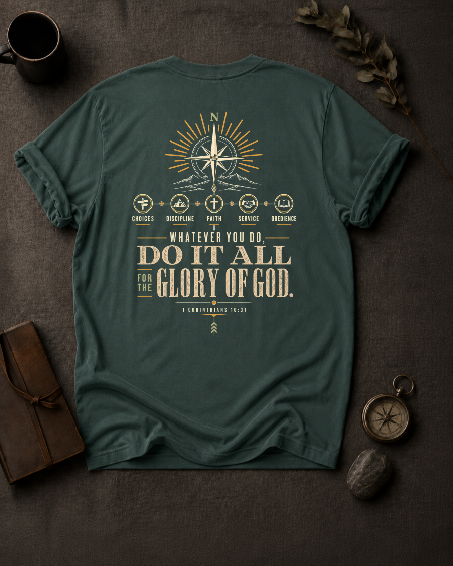 All for His Glory Christian T-Shirt in Blue Spruce - Comfort Colors 1717 (back view)