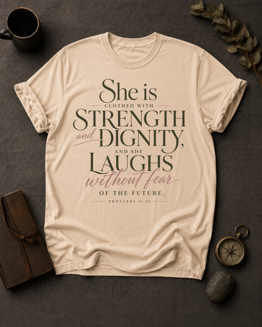 Proverbs 31:25 (She Is Clothed) Christian T-Shirt in Ivory - Comfort Colors 1717