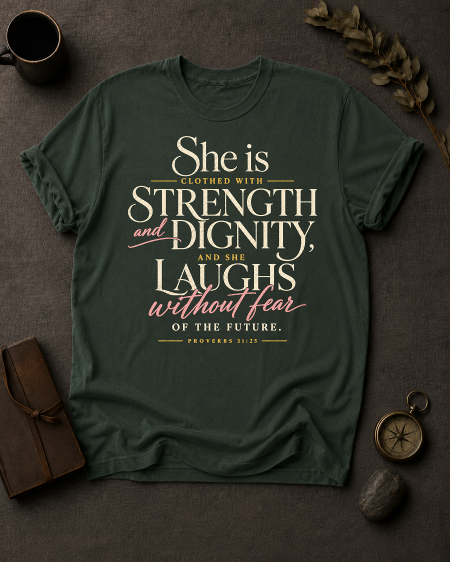 Proverbs 31:25 (She Is Clothed) Christian T-Shirt in Moss - Comfort Colors 1717