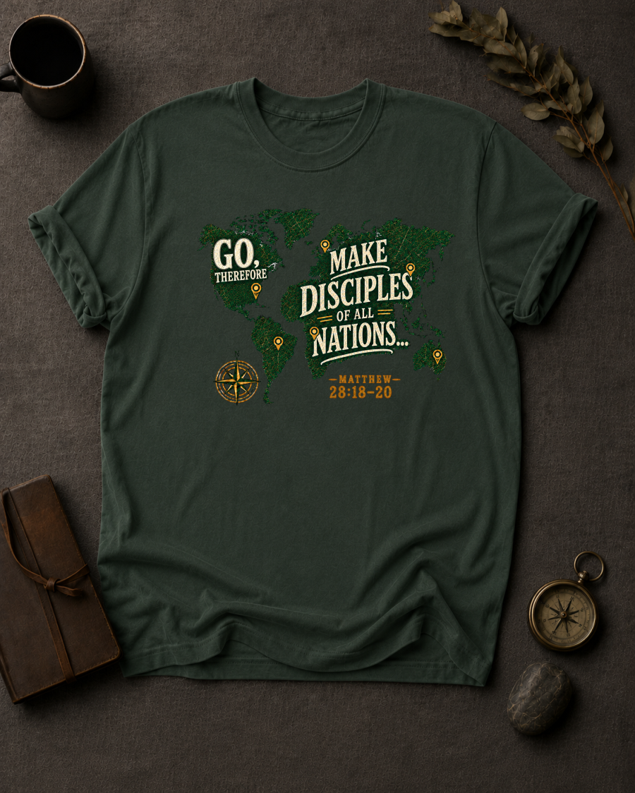Go Therefore Christian T-Shirt in Moss - Comfort Colors 1717