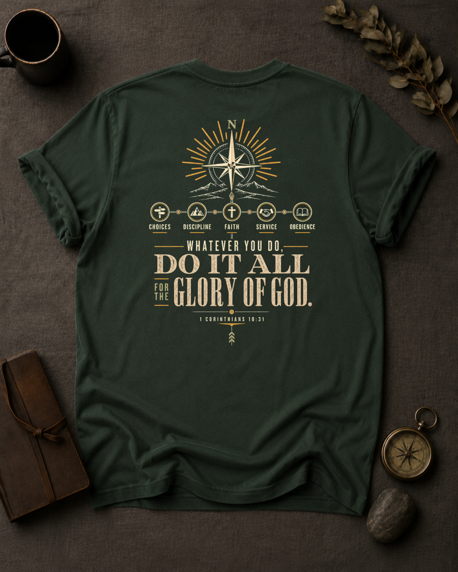 All for His Glory Christian T-Shirt in Moss - Comfort Colors 1717 (back view)