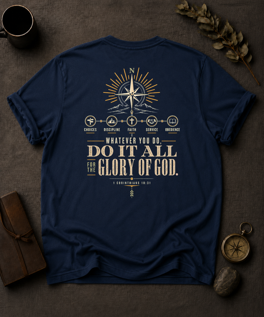 All for His Glory Christian T-Shirt in Navy - Comfort Colors 1717 (back view)