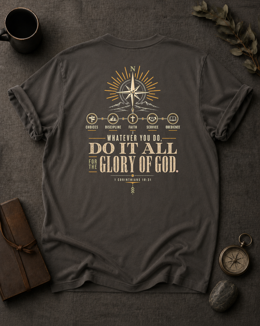 All for His Glory Christian T-Shirt in Pepper - Comfort Colors 1717 (back view)