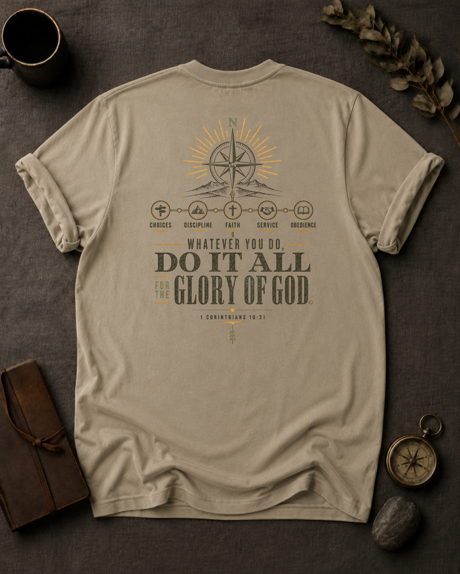 All for His Glory Christian T-Shirt in Sandstone - Comfort Colors 1717 (back view)