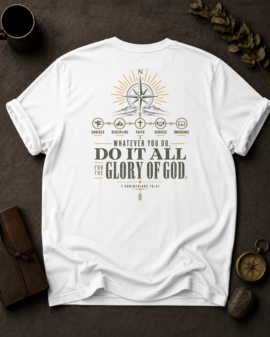 All for His Glory Christian T-Shirt in White - Comfort Colors 1717 (back view)