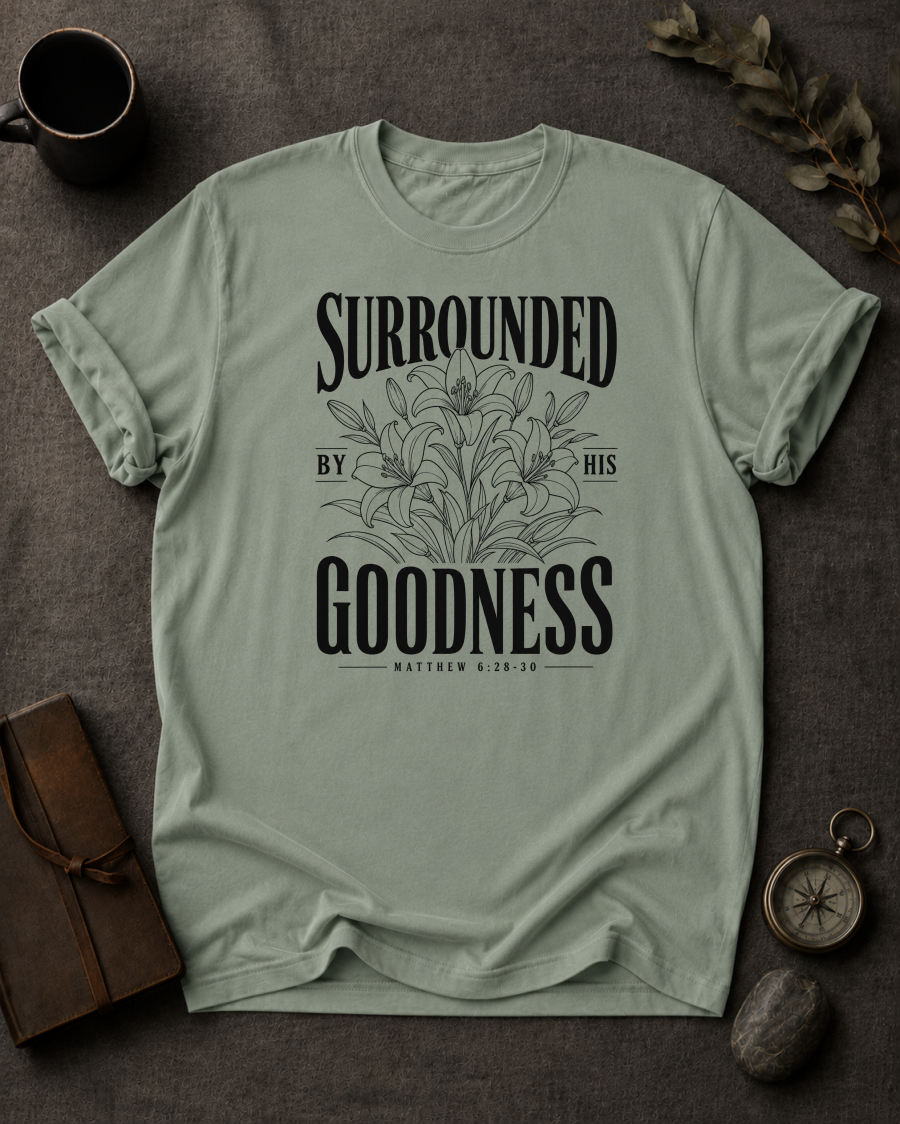 Surrounded By His Goodness | Matthew 6:28-30 Christian T-Shirt