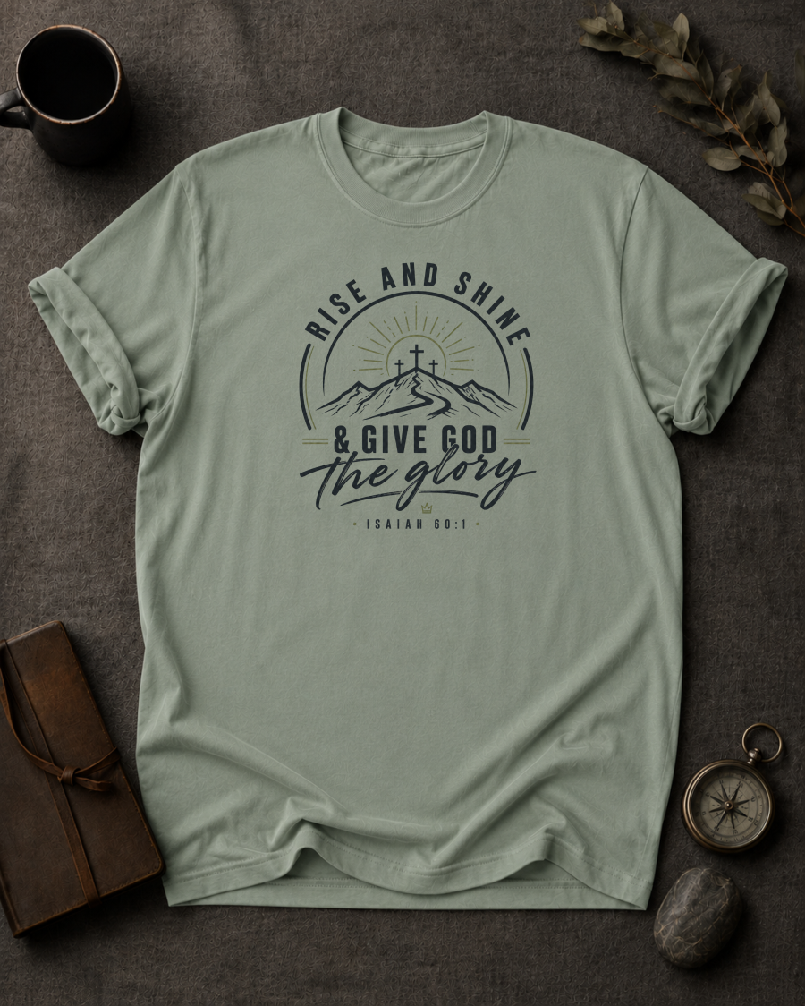 Bay Comfort Colors t-shirt with "Rise and Shine & Give God the Glory" Isaiah 60:1 mountain sunrise cross design in Bay colorway, styled with coffee mug, compass, and leather journal