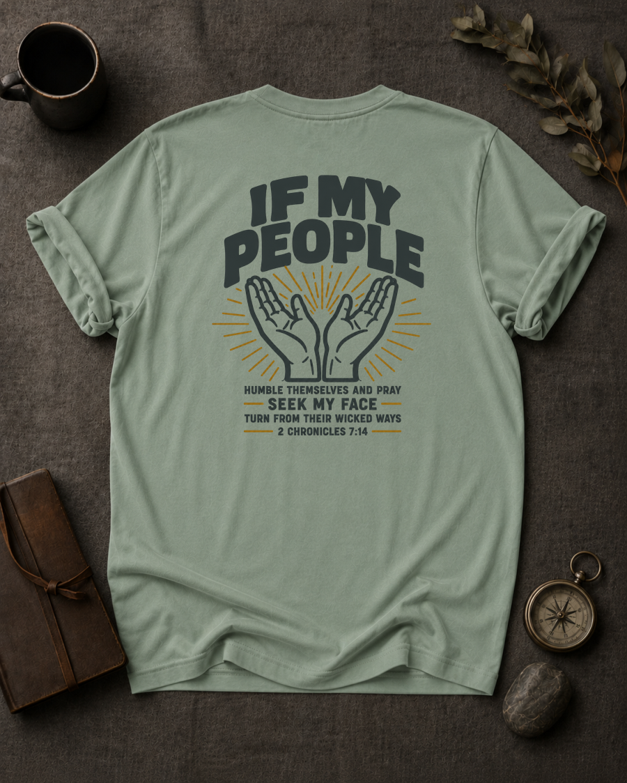 bay Comfort Colors t-shirt back print with "If My People" 2 Chronicles 7:14 raised hands prayer design 