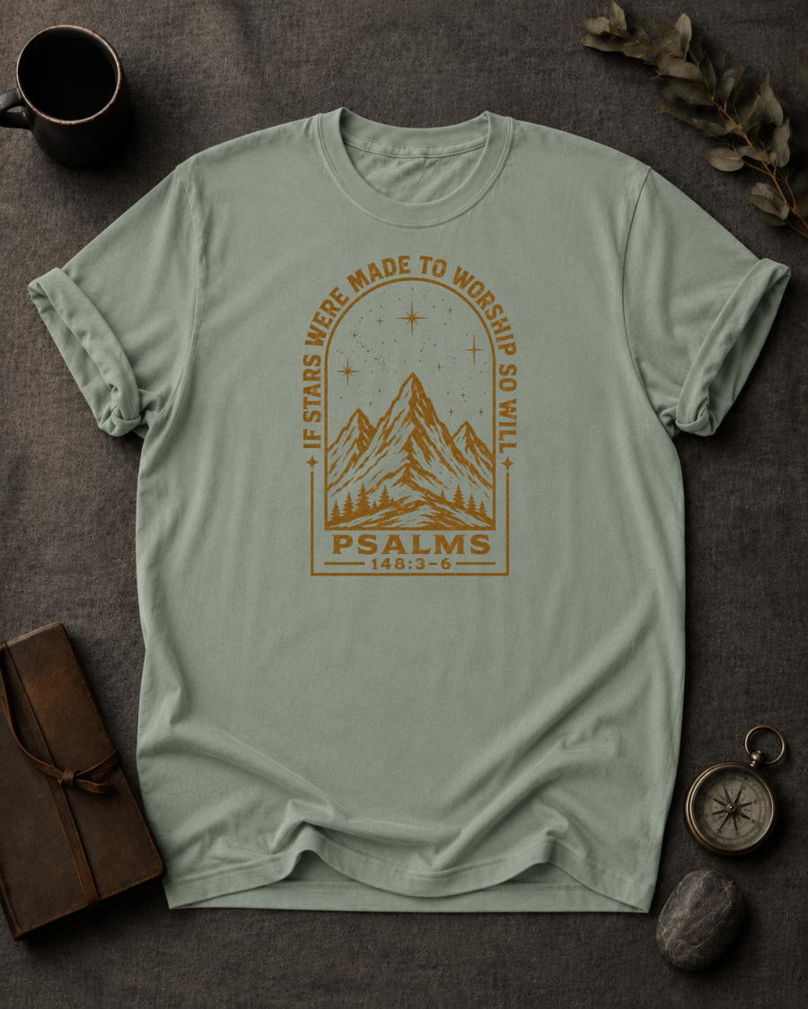 bay Comfort Colors t-shirt with "If Stars Were Made to Worship So Will I" Psalm 148:3-6 starry mountain arch design