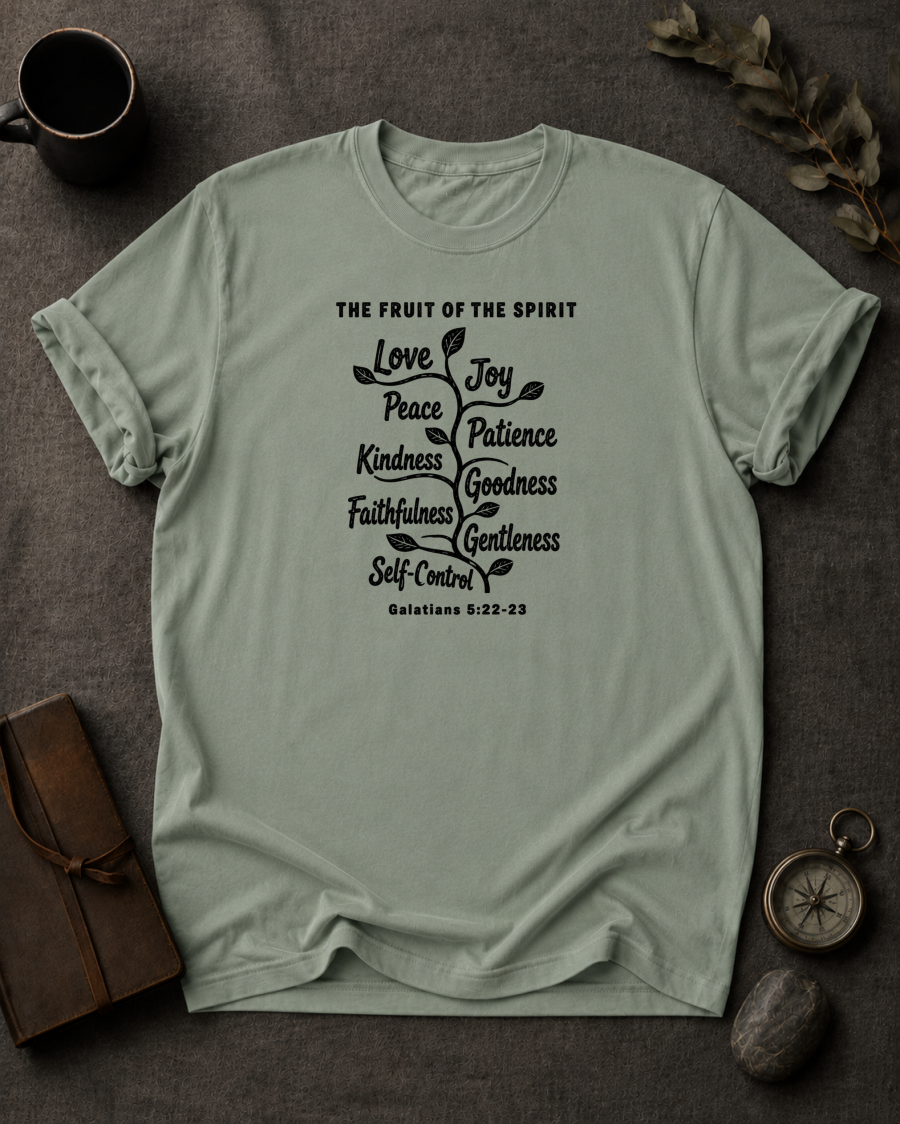 bay Comfort Colors t-shirt with vine illustration listing the Fruit of the Spirit — love, joy, peace, patience, kindness, goodness, faithfulness, gentleness, self-control — Galatians 5:22-23"