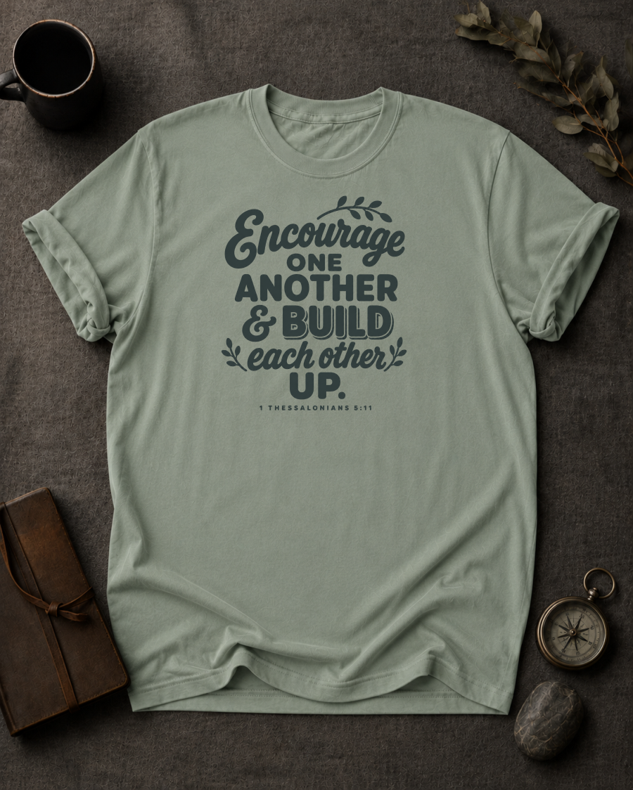 bay Comfort Colors t-shirt with hand-lettered "Encourage One Another & Build Each Other Up" 1 Thessalonians 5:11 design in Bay colorway, styled with coffee mug, compass, and leather journal