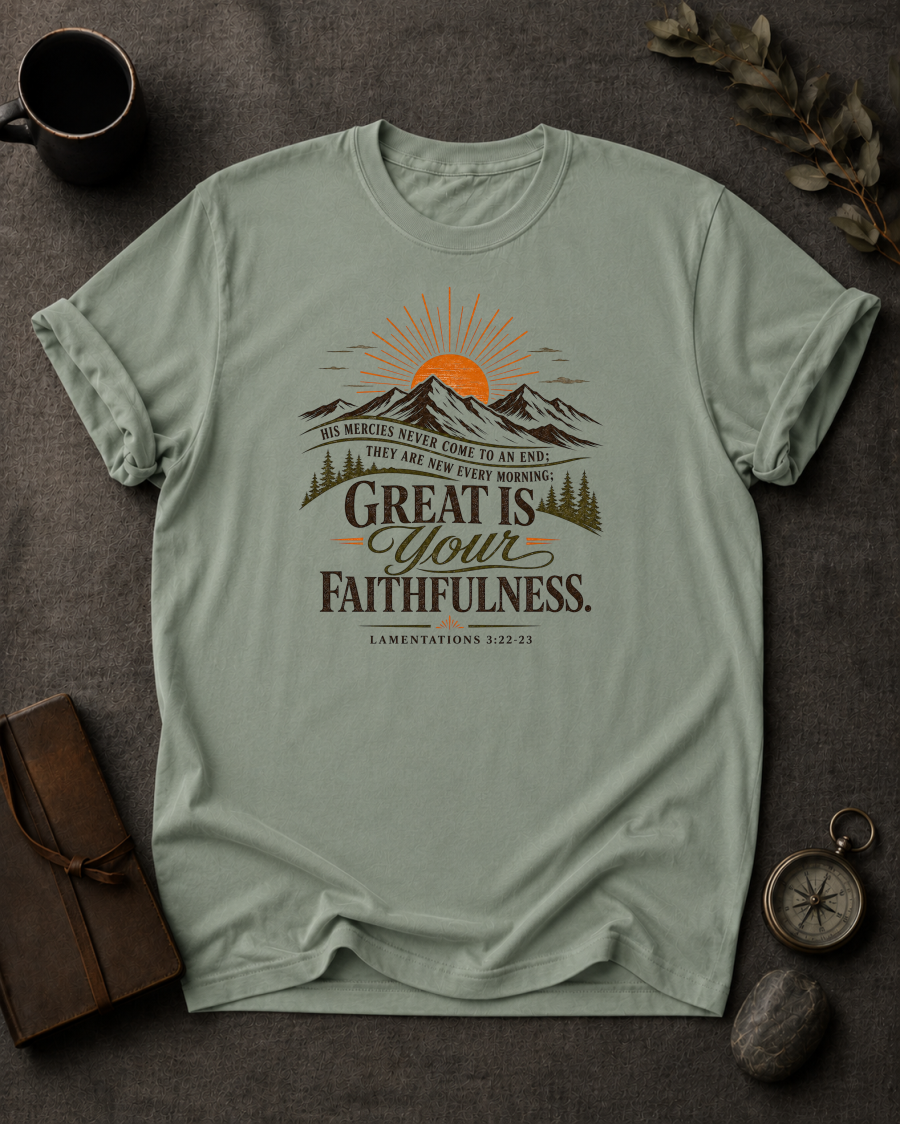 bay Comfort Colors t-shirt with sunrise mountain design and Lamentations 3:22-23 — 'Great is your faithfulness