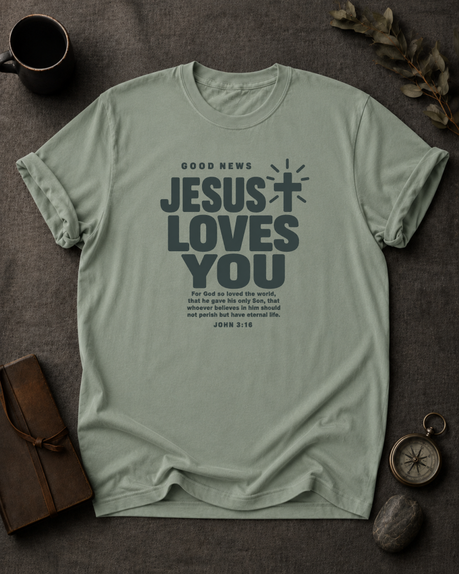 bay Comfort Colors t-shirt with cross graphic reading 'Good News, Jesus Loves You' and John 3:16 verse"