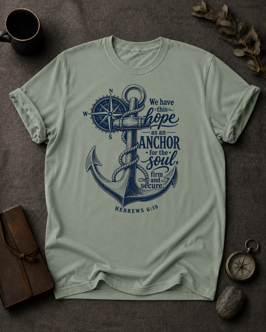 bay Comfort Colors t-shirt with navy anchor and compass design, Hebrews 6:19 — 'We have this hope as an anchor for the soul'