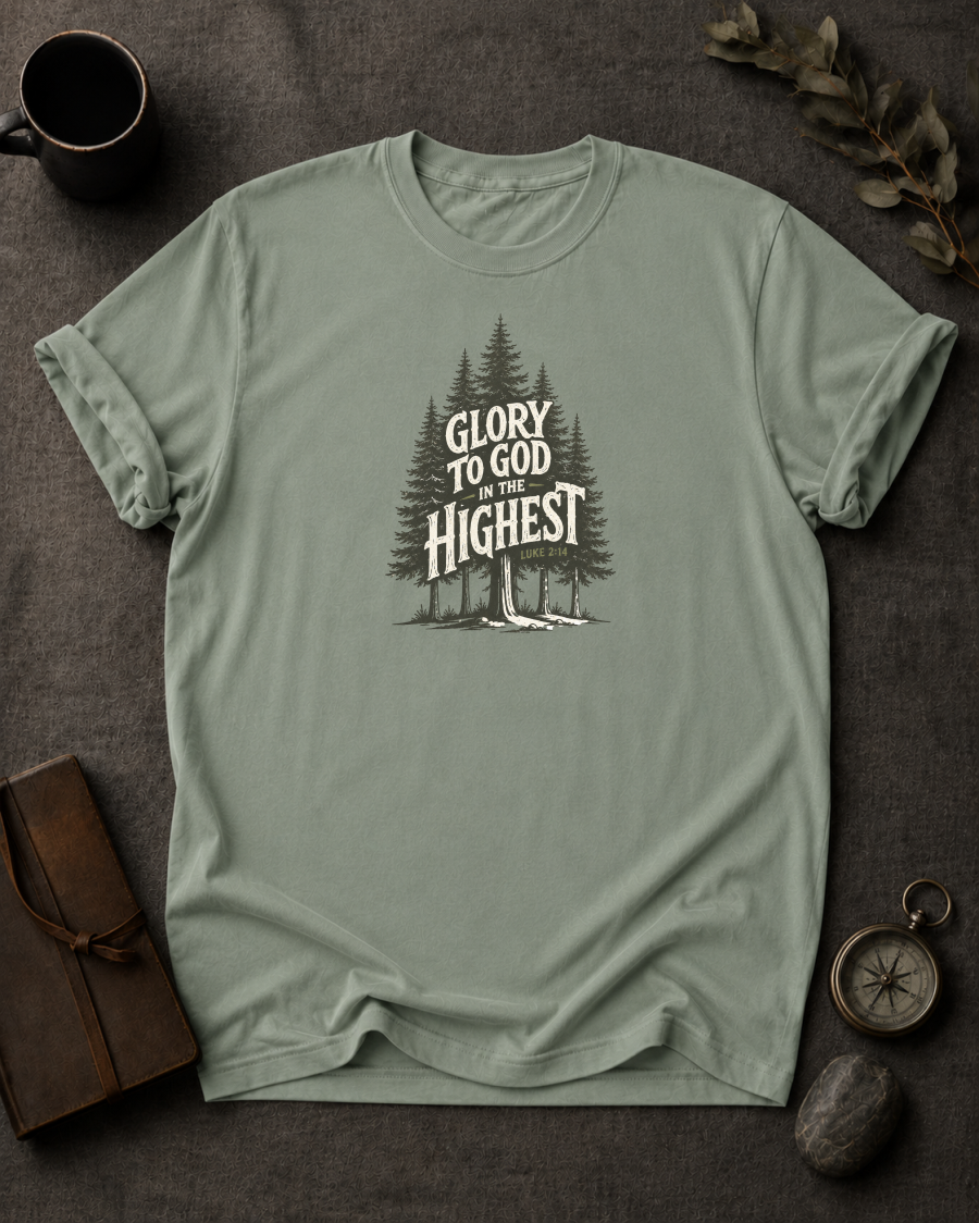 bay Comfort Colors t-shirt with pine forest illustration reading 'Glory to God in the Highest, Luke 2:14'"