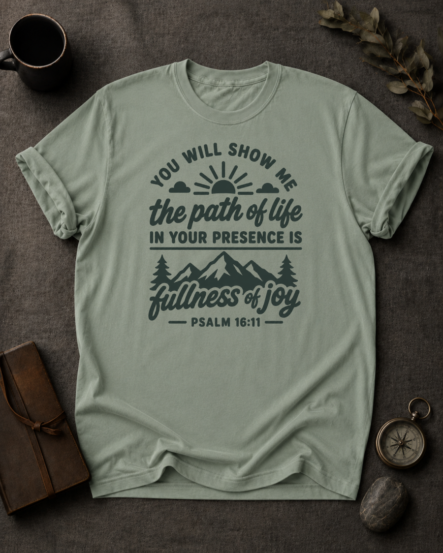 bay Comfort Colors t-shirt with sunrise mountain design and Psalm 16:11 — 'You will show me the path of life, fullness of joy
