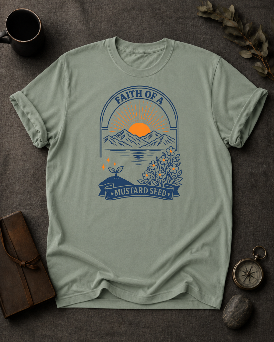 Faith of a Mustard Seed Christian t-shirt in Bay – Matthew 17:20 back print design | To His Glory Club