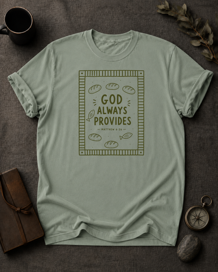 bay Comfort Colors t-shirt with bread and fish bordered design and Matthew 6:26 — 'God Always Provides'