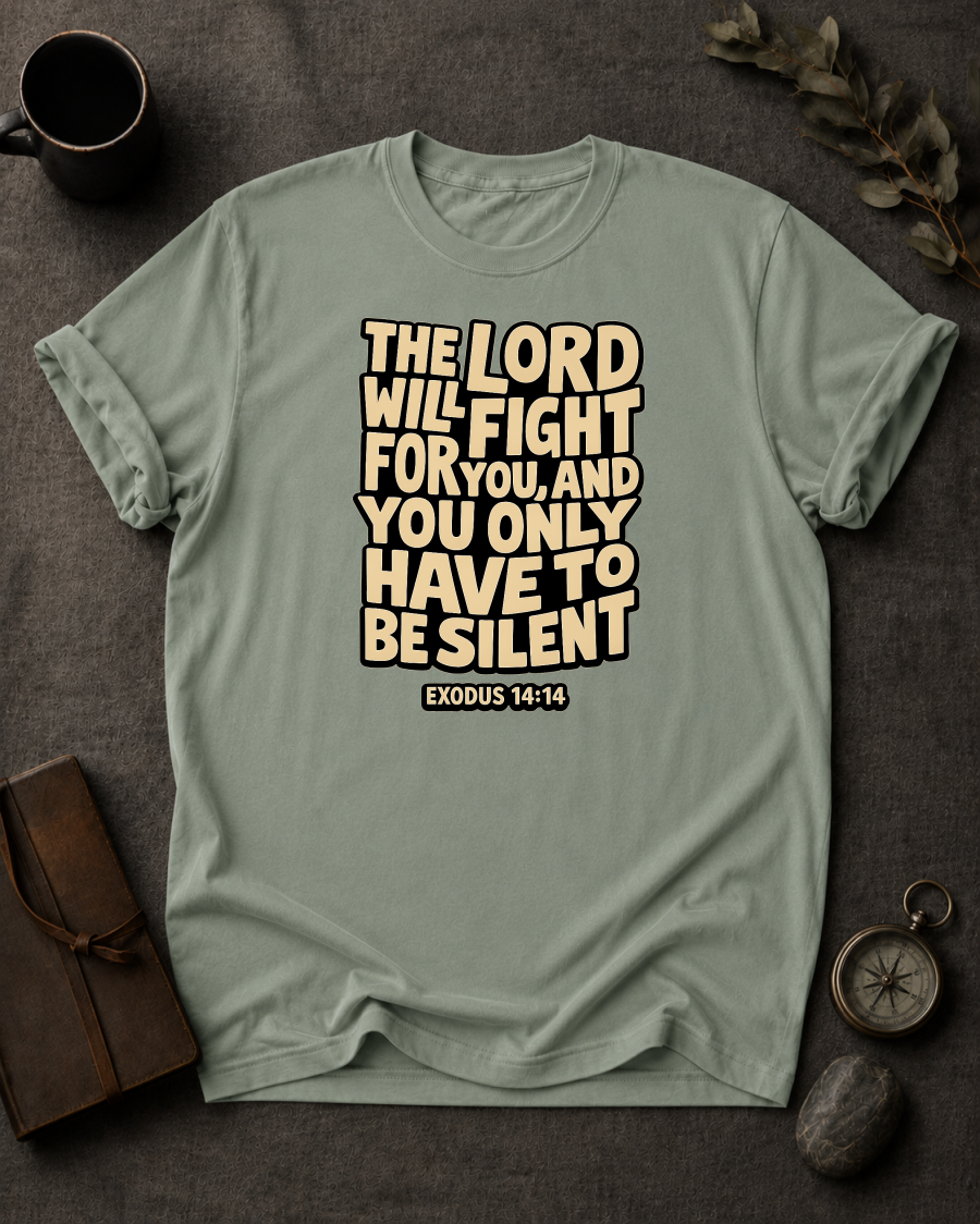 Bay Comfort Colors t-shirt with 'The Lord Will Fight for You' Christian design, Exodus 14:14