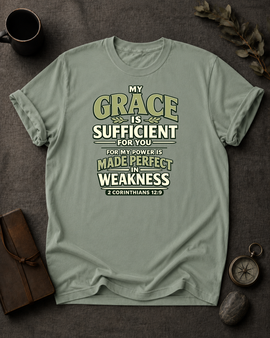Bay Comfort Colors t-shirt with 'My Grace Is Sufficient' Christian design, 2 Corinthians 12:9