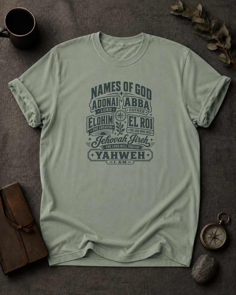 bay Comfort Colors t-shirt with vintage badge design listing the Names of God — Adonai, Abba, Elohim, El Roi, Jehovah Jireh, Yahweh"