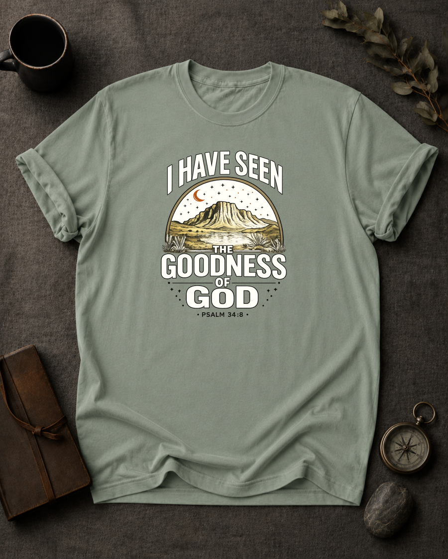 Bay Comfort Colors t-shirt with 'I Have Seen the Goodness of God' Christian design, Psalm 34:8
