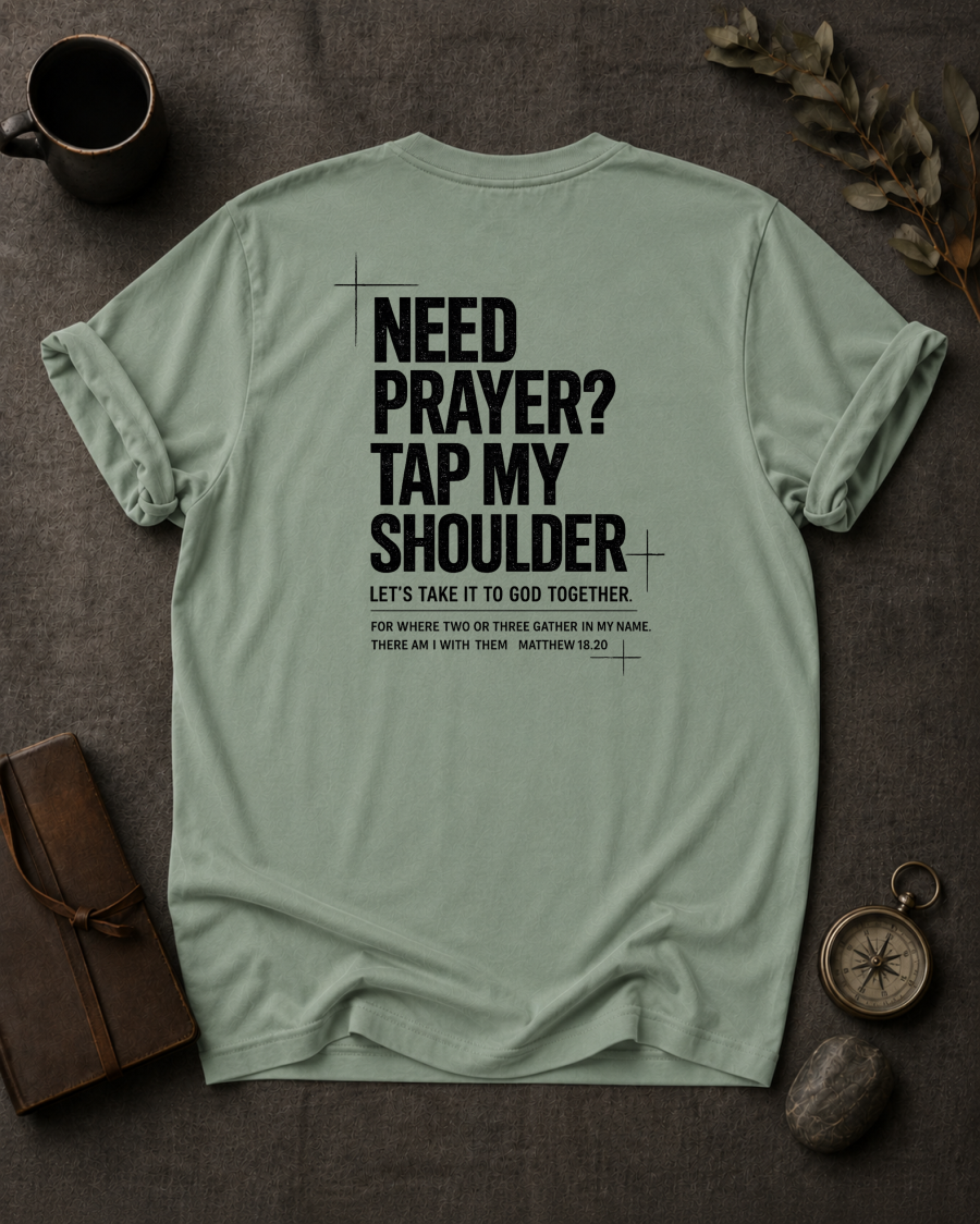 Bay Comfort Colors t-shirt with 'Need Prayer?' Christian design, Matthew 18:20