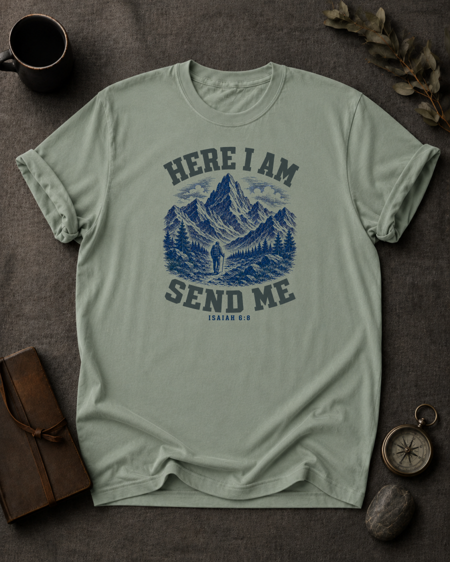 Bay Comfort Colors t-shirt with 'Here I Am Send Me' Christian design, Isaiah 6:8