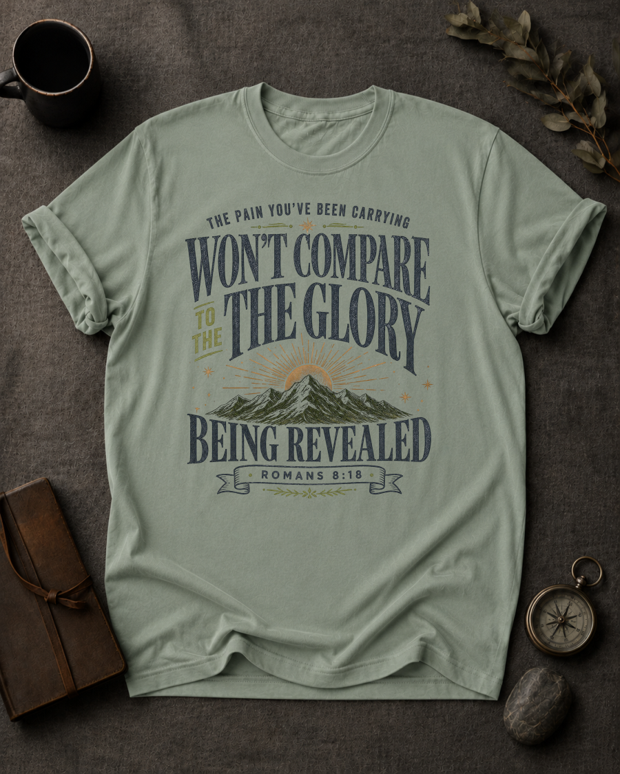 bay Comfort Colors t-shirt with mountain sunrise design and Romans 8:18 — 'Won't compare to the glory being revealed