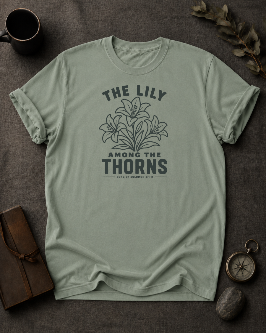bay Comfort Colors t-shirt with "The Lily Among the Thorns" Song of Solomon 2:1-2 lily flower design in Bay colorway, styled with coffee mug, compass, and leather journal