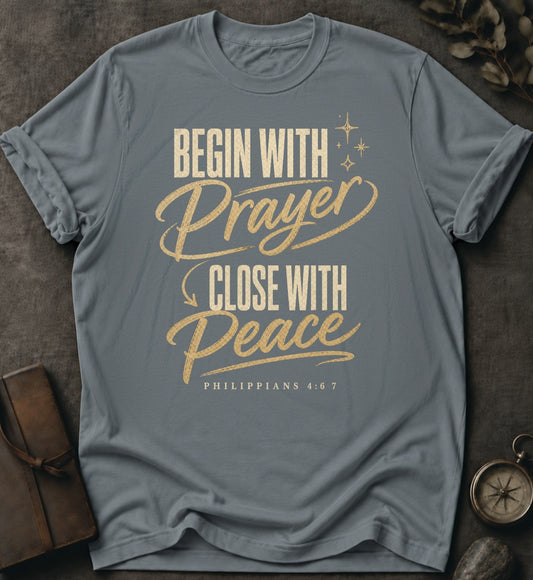 Begin with Prayer Christian T-Shirt in Granite - Comfort Colors 1717 | To His Glory Club