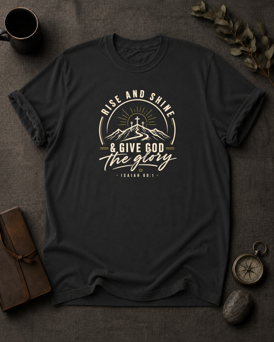black Comfort Colors t-shirt with "Rise and Shine & Give God the Glory" Isaiah 60:1 mountain sunrise cross design in Bay colorway, styled with coffee mug, compass, and leather journal