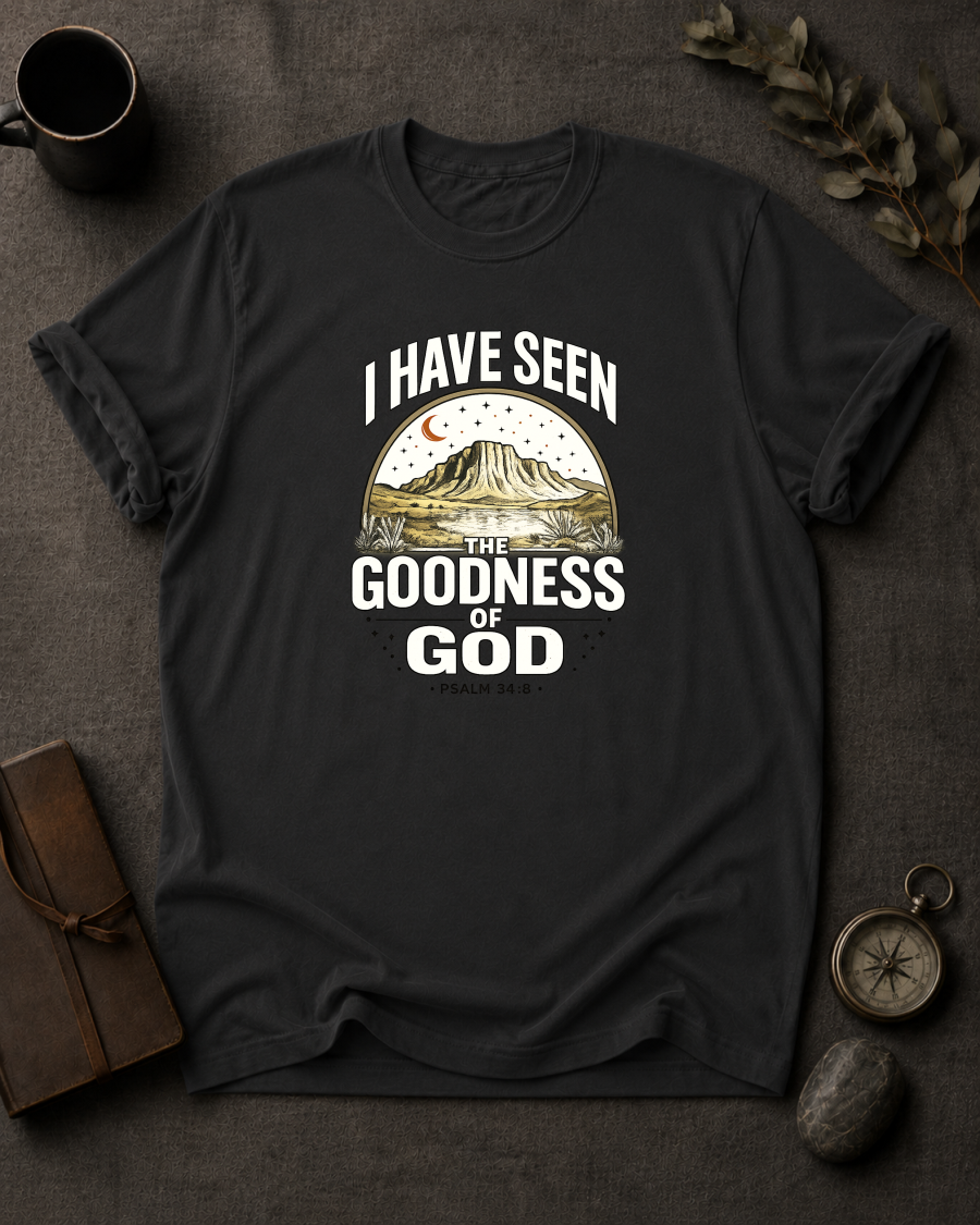 Black Comfort Colors t-shirt with 'I Have Seen the Goodness of God' Christian design, Psalm 34:8