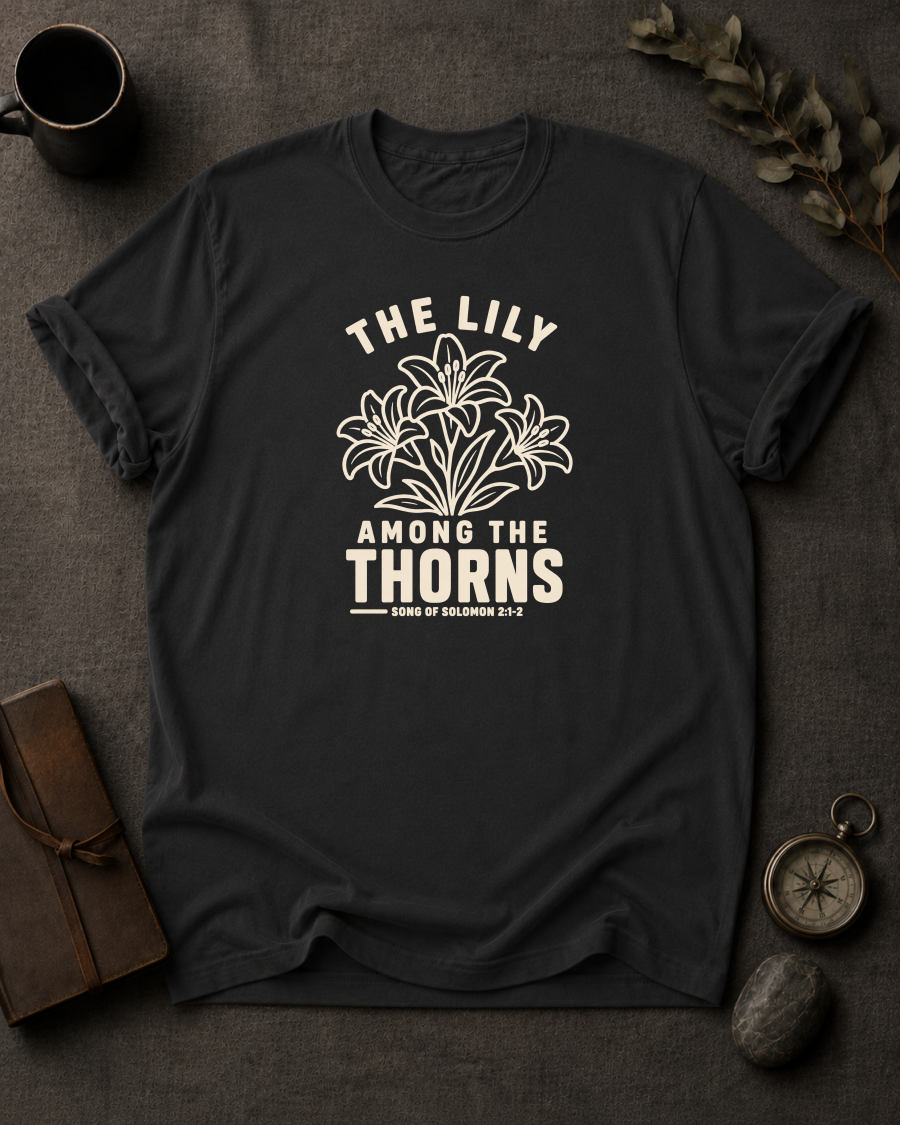 black Comfort Colors t-shirt with "The Lily Among the Thorns" Song of Solomon 2:1-2 lily flower design in Bay colorway, styled with coffee mug, compass, and leather journal