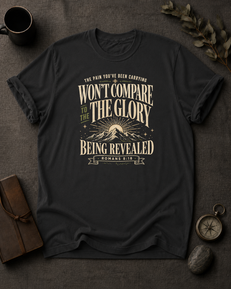 black Comfort Colors t-shirt with mountain sunrise design and Romans 8:18 — 'Won't compare to the glory being revealed