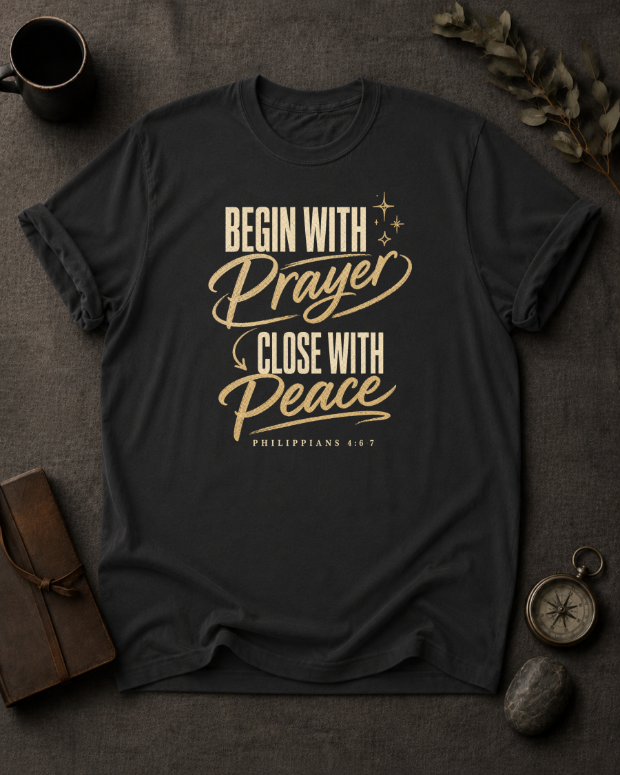 Begin with Prayer, Close with Peace | Philippians 4:6-7 Christian T-Shirt