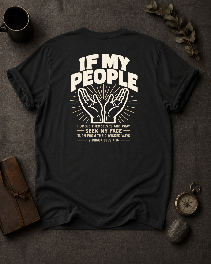 black Comfort Colors t-shirt back print with "If My People" 2 Chronicles 7:14 raised hands prayer design 