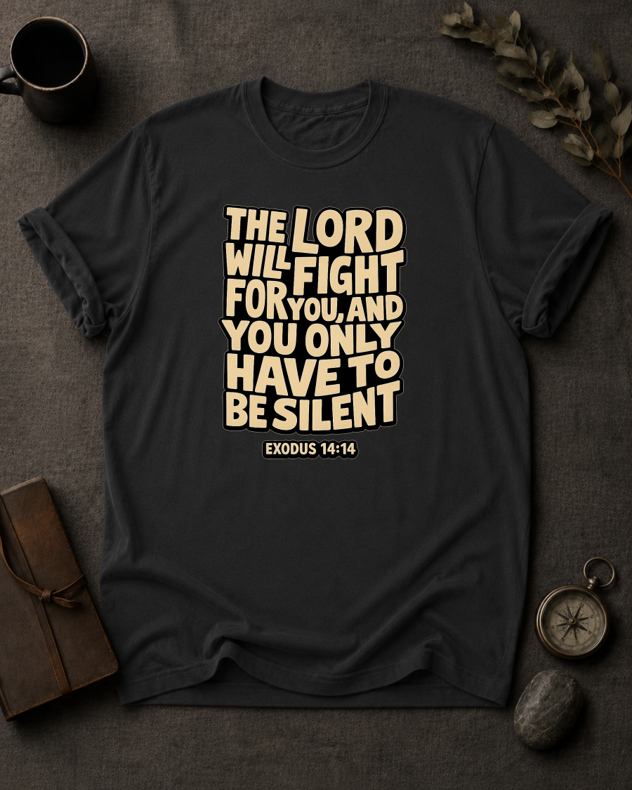 Black Comfort Colors t-shirt with 'The Lord Will Fight for You' Christian design, Exodus 14:14